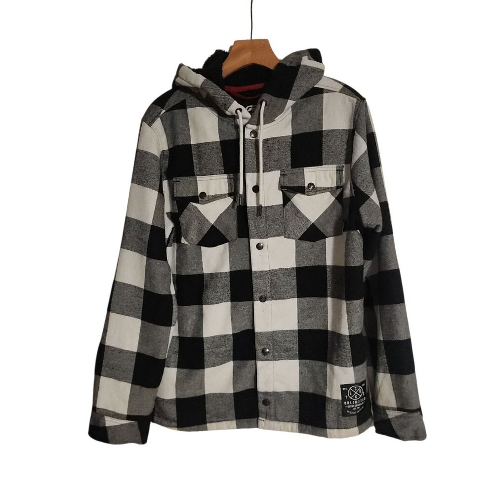 Ecko Unltd. Sherpa Lined Flannel Varsity‎ Jacket Shacket Black White Check Med.